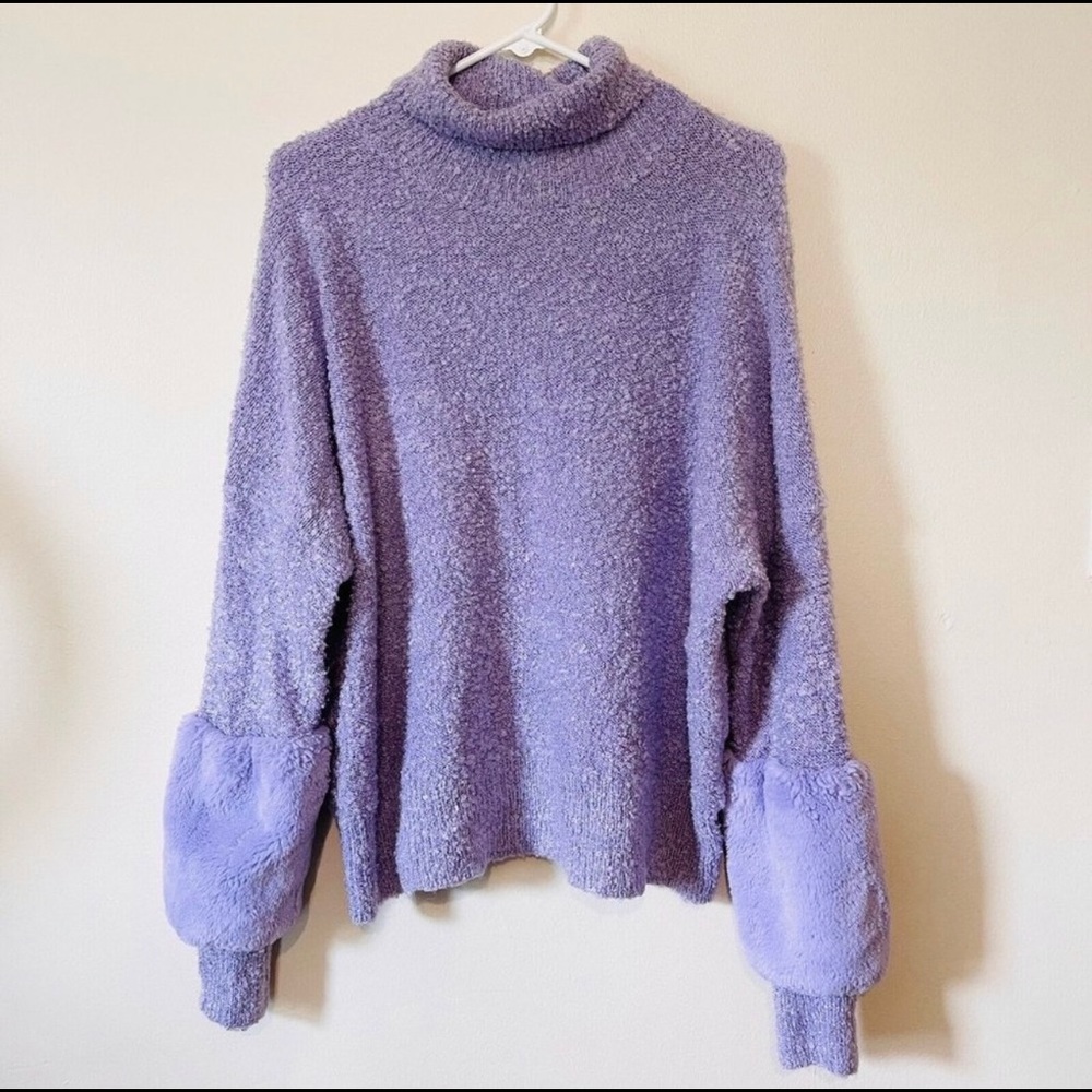 Umgee Oversized Turtleneck Sweater Faux‎ Fur Sz M Lavender Purple Office Cozy